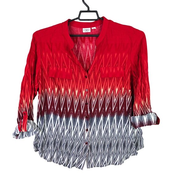 Cato Womens Red Ombre Zigzag Blouse 3/4 Sleeves Button Up 100% Rayon Size XL - Picture 1 of 9